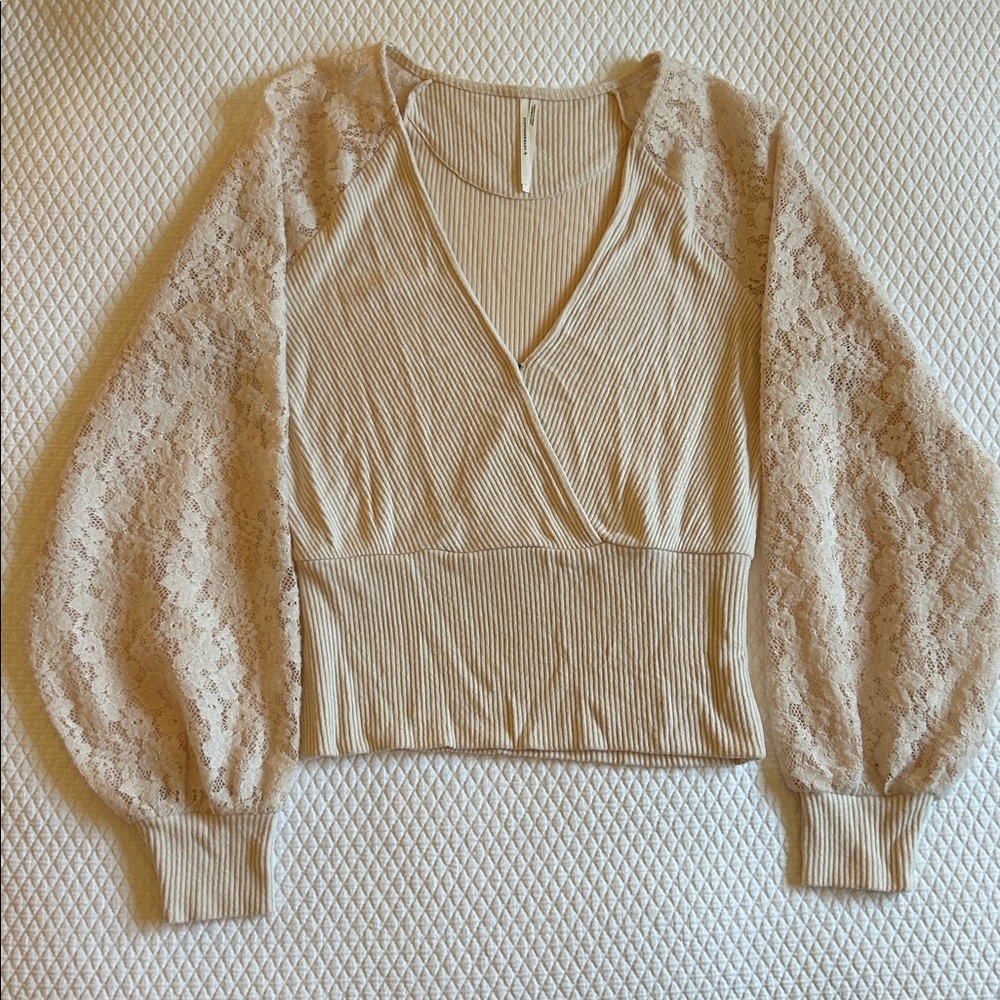 By Anthropologie Lace Balloon Sleeve Faux Wrap Blouse